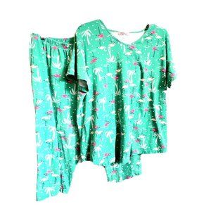 ENJOYNIGHT Green Sleepwear P J Set 2 Sz XL Pink Flamingo Short Slvs Capri Pants